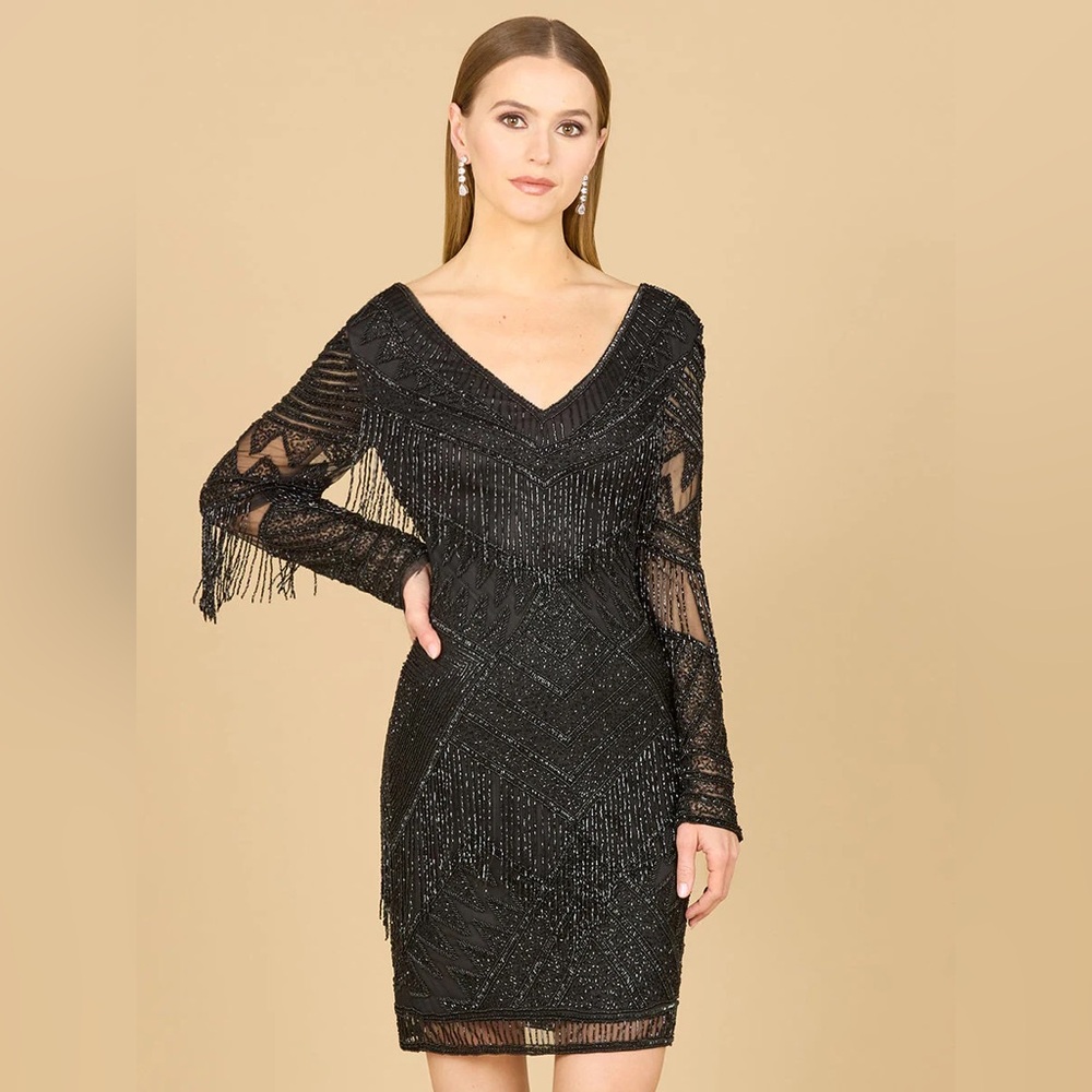 LARA 29355 - LONG SLEEVE BEADED V-NECK FRINGE COCKTAIL MINI